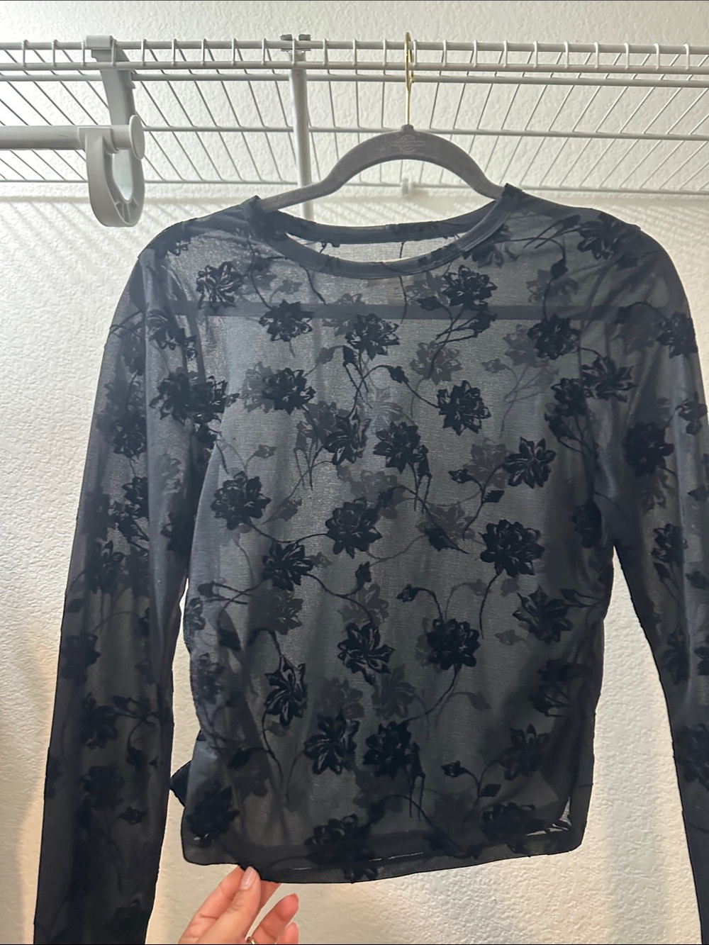 Black Floral Sheer Long-Sleeve Top - Unbranded